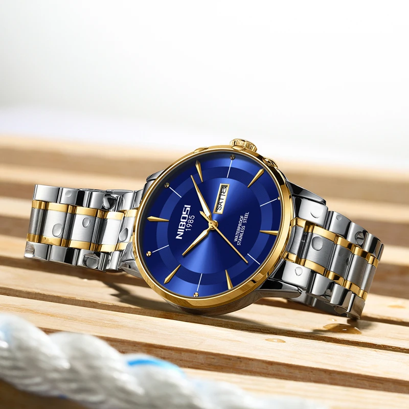 NIBOSI Brand Fashion Blue Quartz Watch for Men Stainless Steel Sport Waterproof Week Date Business Men Watches Relogio Masculino