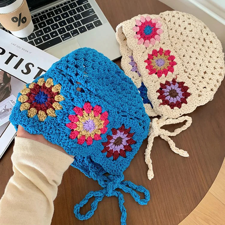 Women's Crochet Flower Beanie Hat Autumn Handmade Knitted Skullies Cap Female Hollow Beanies Cap Outdoor Foldable Sunscreen Hat 4