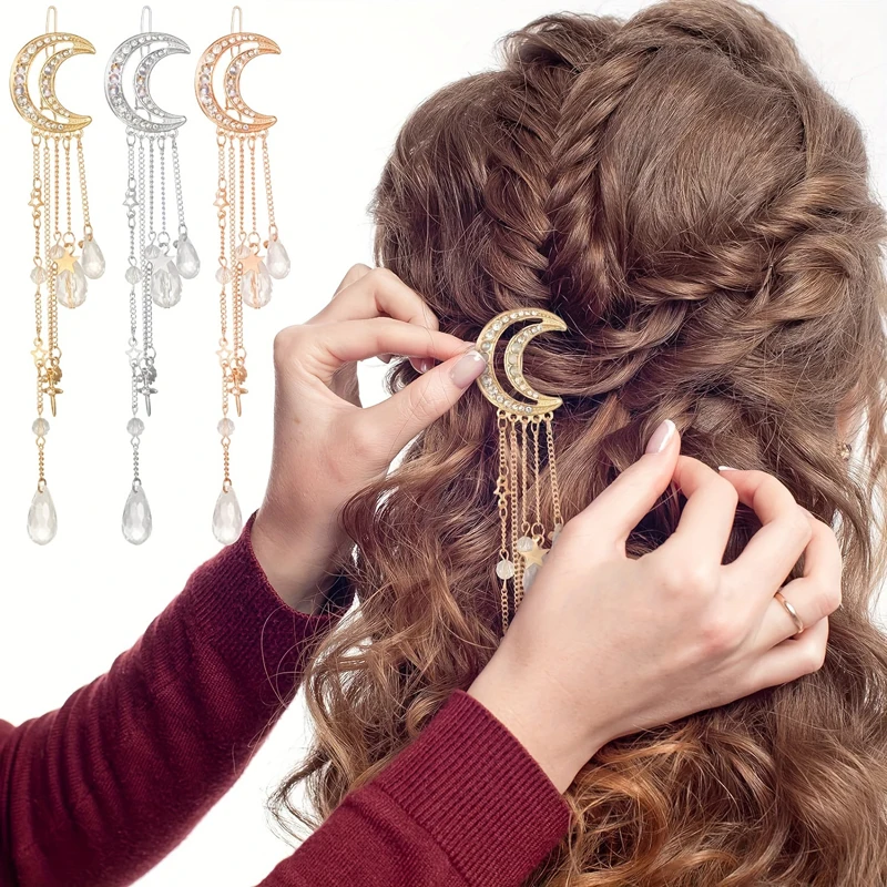 Halbmond- und Stern-Haarspange mit Quaste für Damen, Strass- und Kristallmond- und Stern-Seitenklammer im Girly-Stil