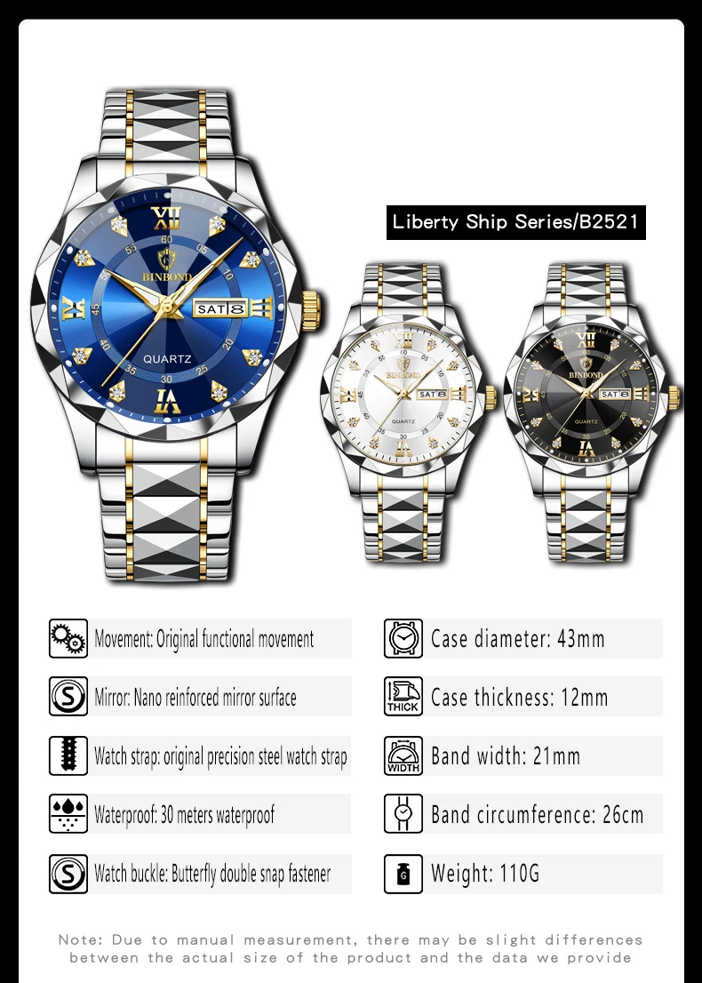 Waterproof Luminous Calendar Hand Clock Male's Business Wristwatch BINBOND B2521 Men's Quartz Watch Diamond Grid Strap Design