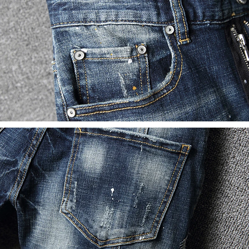 Street Fashion Men Jeans Retro Blue Elastic Slim Ripped Jeans Men Embroidery Patched Spliced Designer Hip Hop Biker Pants Hombre