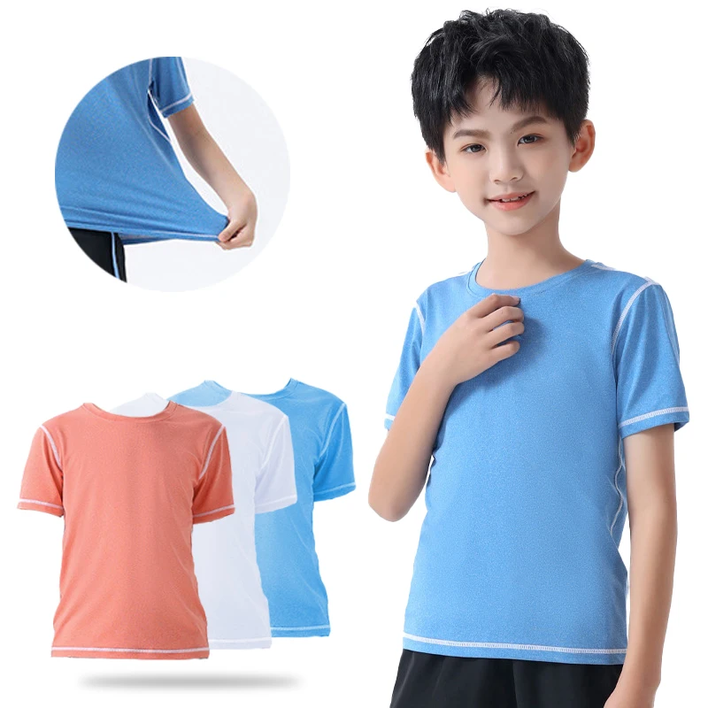 (120-170)Kids Quick Dry Sport T-Shirt Athletic Yoga Running Tops Boys&Girls Youth Sweatshirt for Football Fitness Gym Training