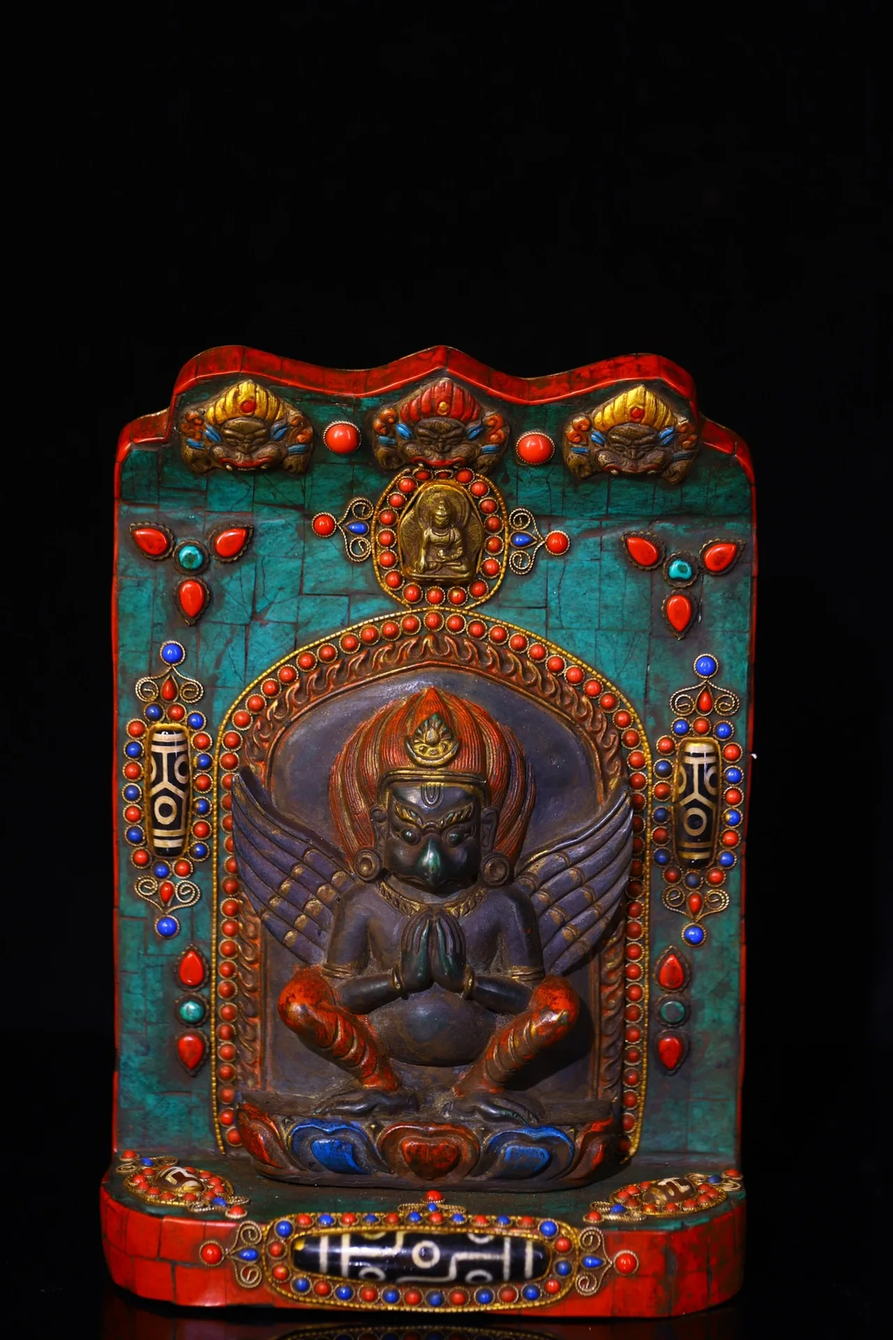 

9"Tibetan Temple Collection Old Bronze Painted Mosaic Gem gZi Beads Turquoise GARUDA Buddha Buddhist Niche Worship Hall