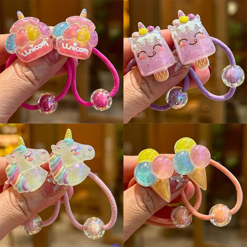 Two pieces of elastic hair ties in beautiful rainbow colors for girls, children's hair accessories, and stylish elastic headbands.