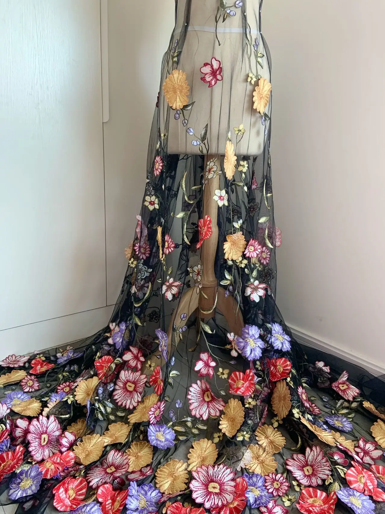 

1 Yard 3D Embroidered Multicolor Flowers Black Lace Fabric for Bridal Decor,Wedding Dress,Stunning Skirt Accessories