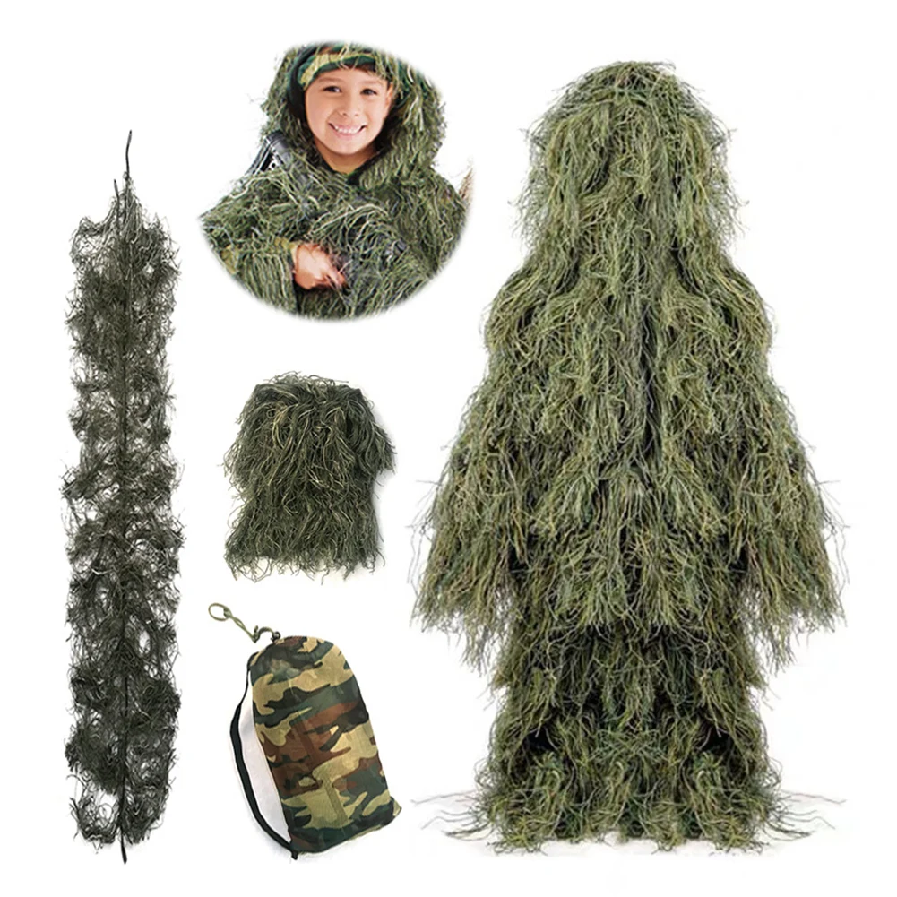 5Pcs/Set Woodland Hunter Ghillie Suit with Jacket Pants Hood Carry Bag Paintball Ghillie Suit Camo for Men Woman