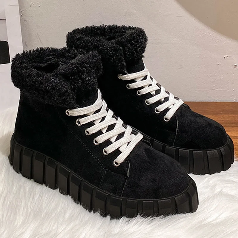 

New WinterCotton Shoes Non Slip Platform Shoes Woman Ankle Boots Warm Shoes Fashion Heels Snow Boots Lace Up Chunky Shoes Ladies
