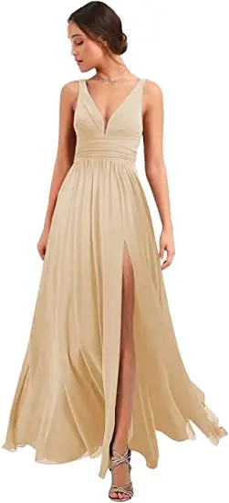 

Sexy Deep V Neck Pleated Bridesmaid Dresses for Women Chiffon A Line Slit Formal Party Dresses with Pockets