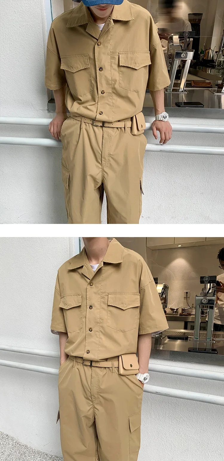 Description Picture 4 of itemMale Fashion with Leather Belt Bag Men Cargo Overalls Streetwear Korean Rompers Pockets Short Sleeve Button Jumpsuits Women Men