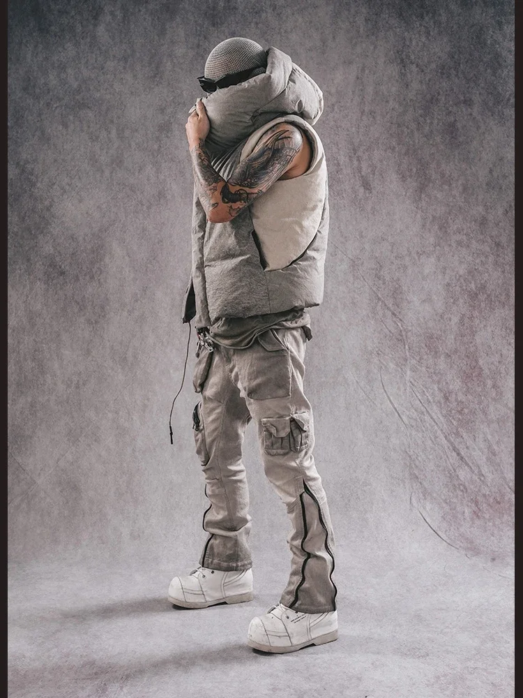 WasteLand Frost Color Turtleneck Collar Distressed Color Matching Oblique Zipper Warm down Hooded All-Matching Outer Wear Vest
