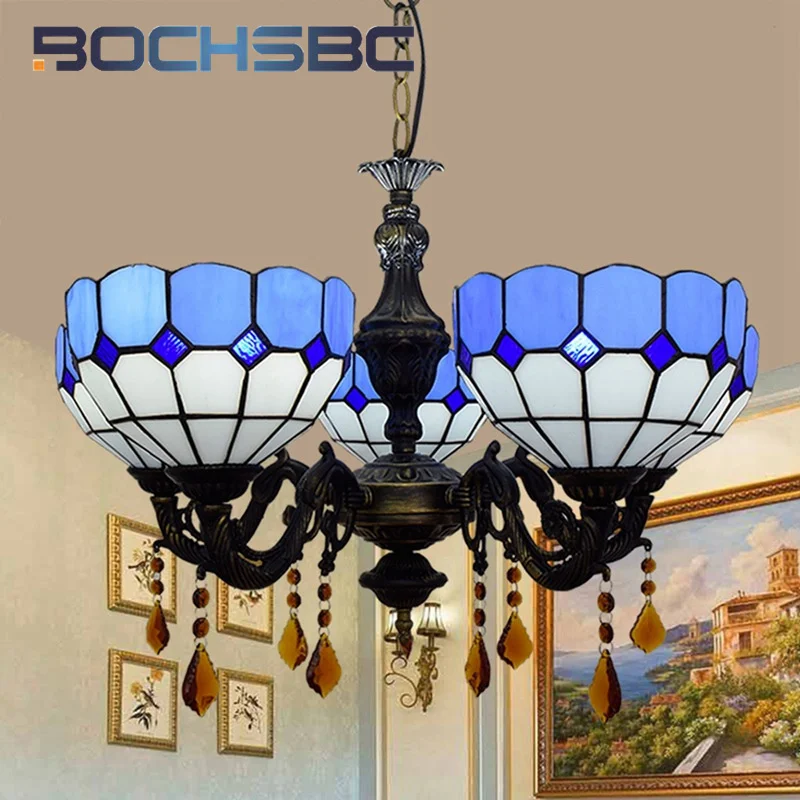

BOCHSBC Tiffany style stained glass Mediterranean simple blue 5 head crystal chandelier living room Dining room bedroom LED deco