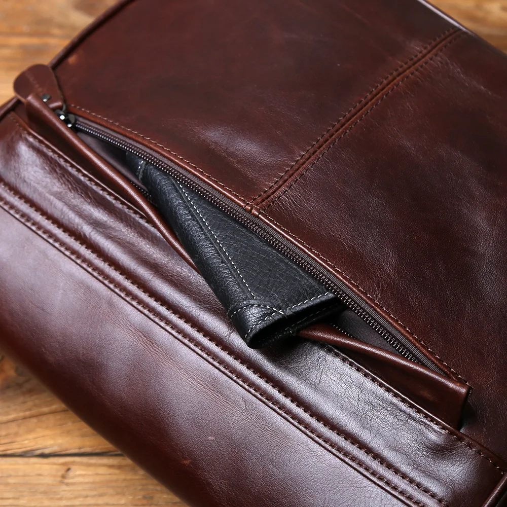 NZPJ Men's Retro Genuine Leather Shoulder Bag Top Layer Cowhide Large Capacity Slant Cross Business Casual Versatile Tablet Bag