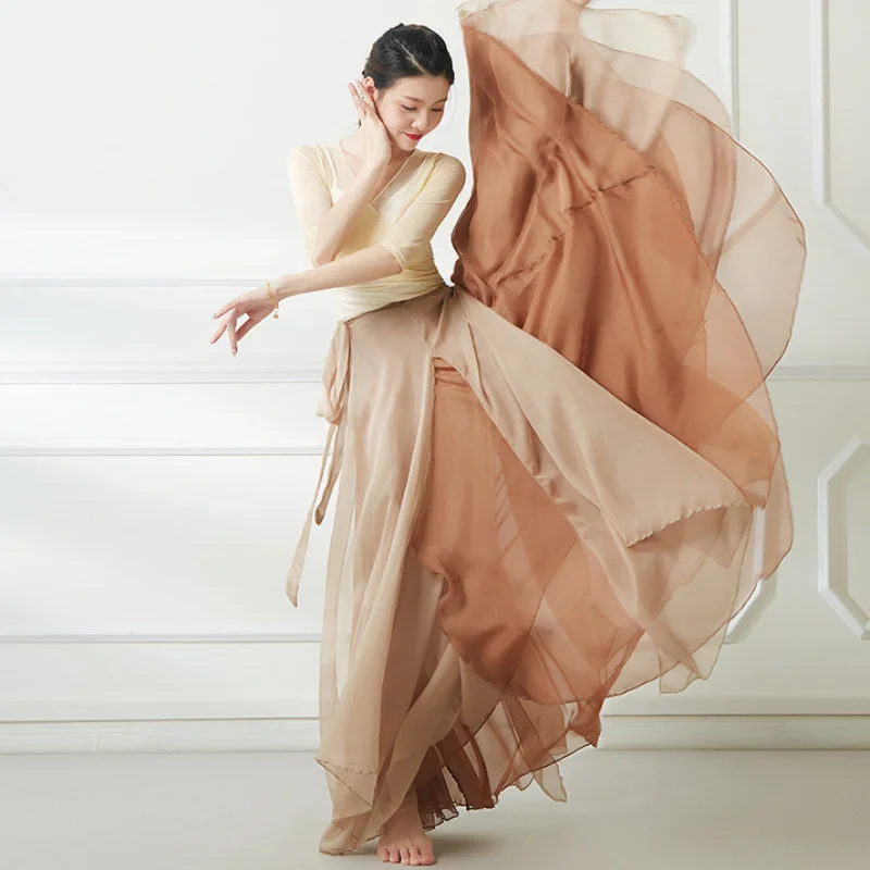 

Women Ethnic Classical Modern Dance Training Gradient Elegant Performanc Swing Skirt Wrap Double-layer Ethereal 720 Degree Skirt