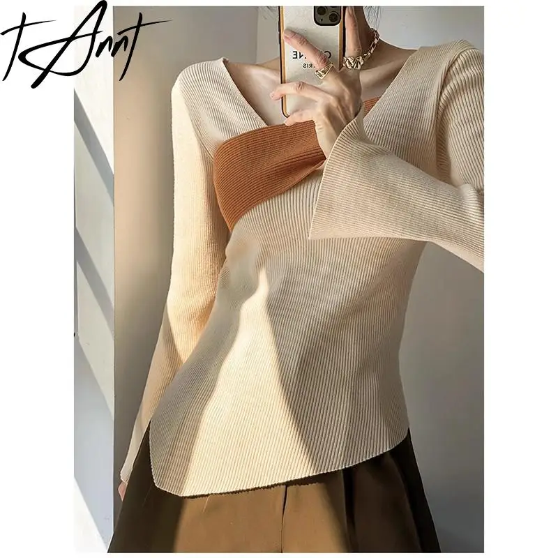 

Tannt Women Sweater Asymmetry Color Matching Pullover Knitting Tops Irregular Vintage Fashion Sweater Tops For Women 2023 New