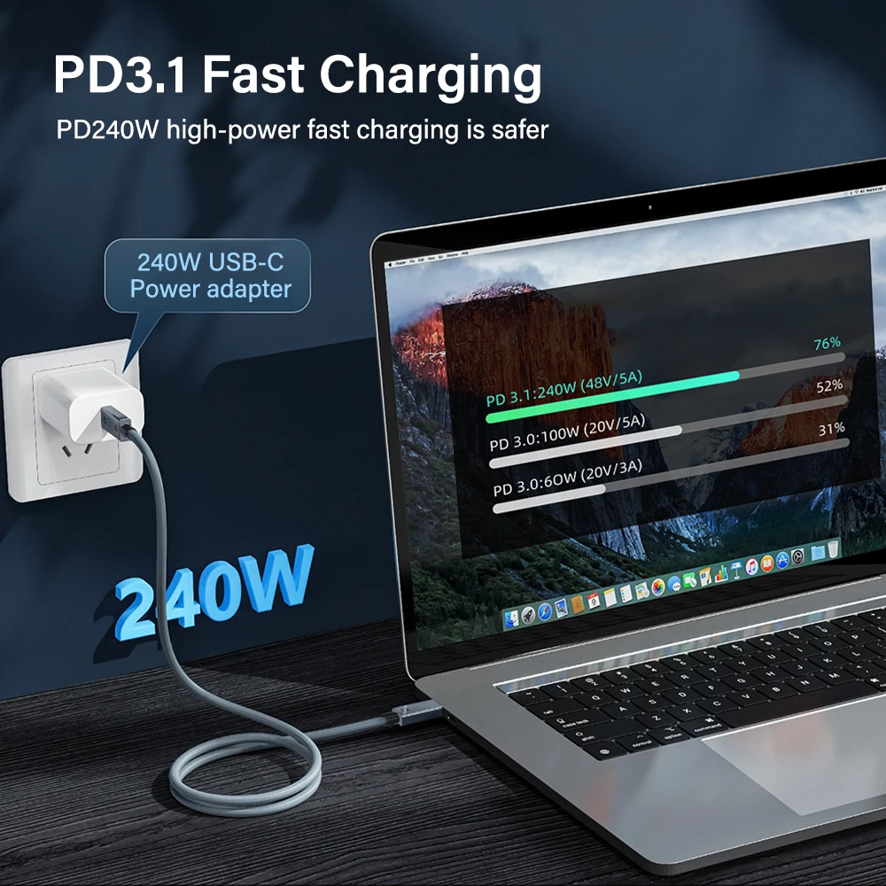 240W USB C to USB C Super Fast Charging Data Braided Cable with 8K Video Transfer 40Gbps Speed For Macbook Samsung TV Laptop