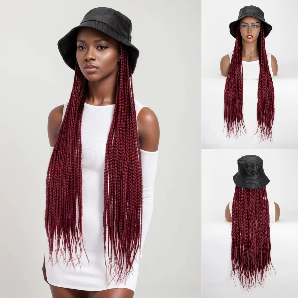 

WIGERA Cheap Long 26Inch Wine Red Burgundy Bug# Box Braided Synthetic Wigs With Hat Braiding Hair Extensions Cap Wig For Women