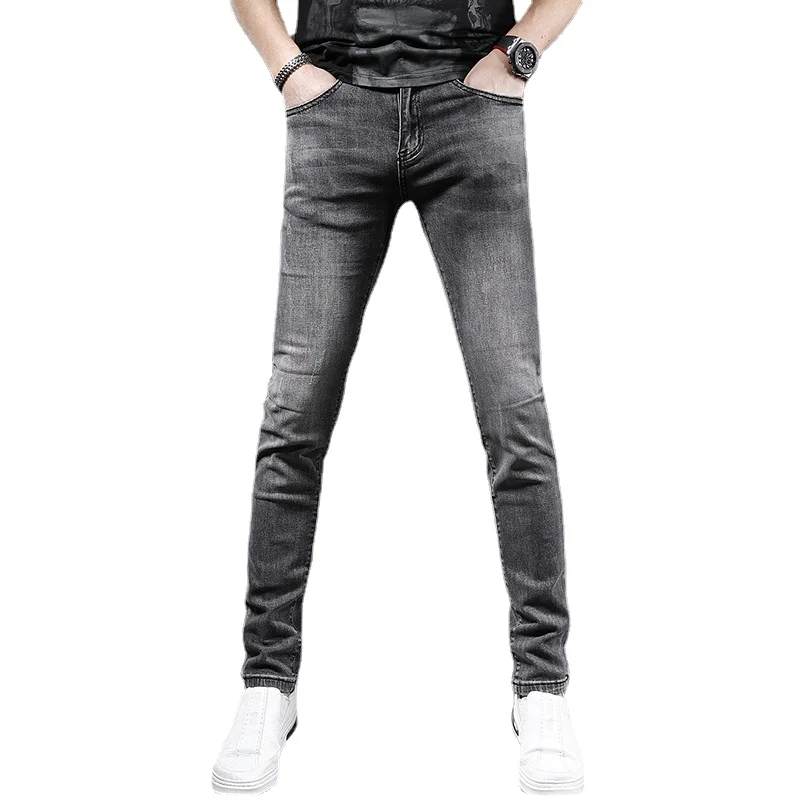 Summer Dark Gray Slim Fit Jeans Men Korean Style Casual Stretch Denim Pants