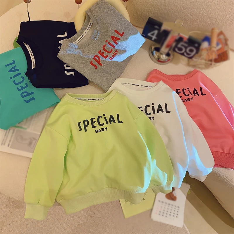 Fashion Print Baby Children Sweatshirt Spring Fall Kids T-shirt Clothing Tops Long-sleeved Loose Tee Solid Girl O-neck Hoodies