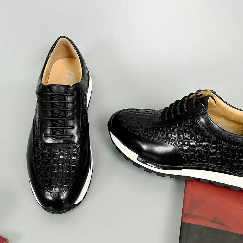 Luxury Men's Leather Shoes Autumn Winter Plaid Pattern Natural Genuine Leather Male Sneakers Business Casual Shoes Size 38-46