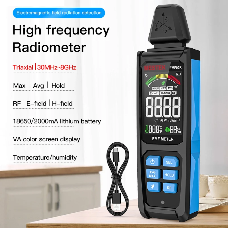 3-In-1 Color Screen EMF Meter 30Mhz~8GHz High Frequency Radiometer Electromagnetic Field RF Radiation Detector Max/Avg Test