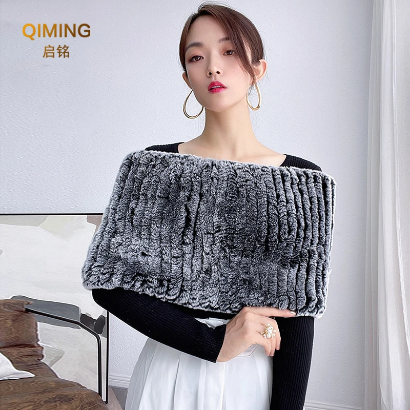 Fur Shawl Cape Real Rex Rabbit Fur Scarf Winter Warm Party Elastic Knitted Pullover Wrap Shoulder Neck Scarf Womens Scarves