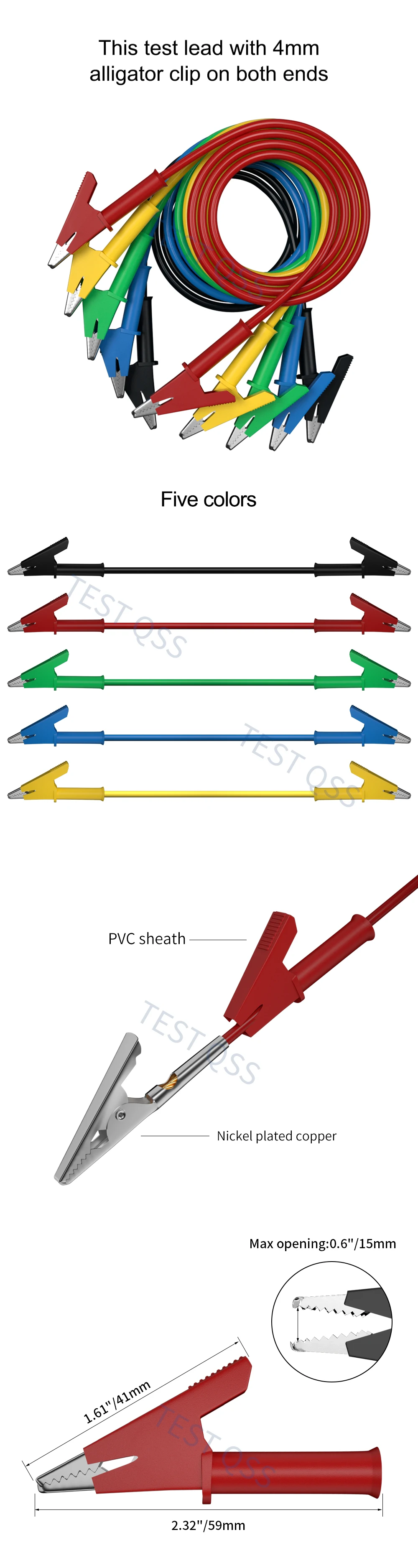 QSS 1M 5 Stück Dual-Krokodilklemmen Multimer-Messleitungen Drahtkabel mit isolierten Clips Testflexibles Kupfer Q.70036 – Detail 1