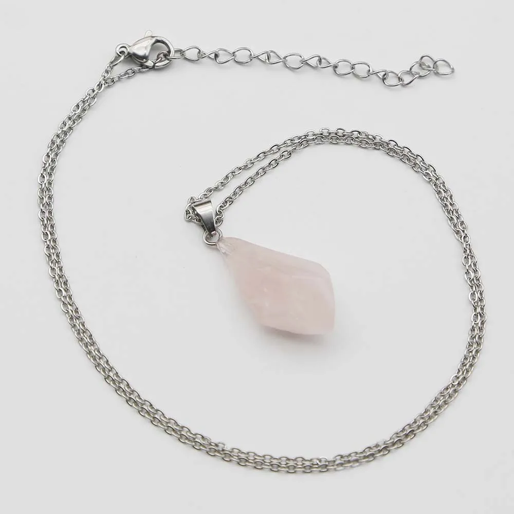 Natural Raw Ore Stone Stainless Steel Chain Irregular Rose Quartz Pendant Necklace Charm DIY Accessories Jewelry Wholesale 10Pcs
