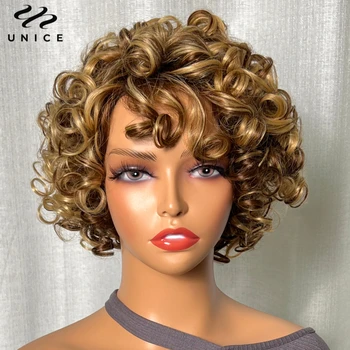 Peluca afro rizada rubia corta con flequillo de cabello humano 1