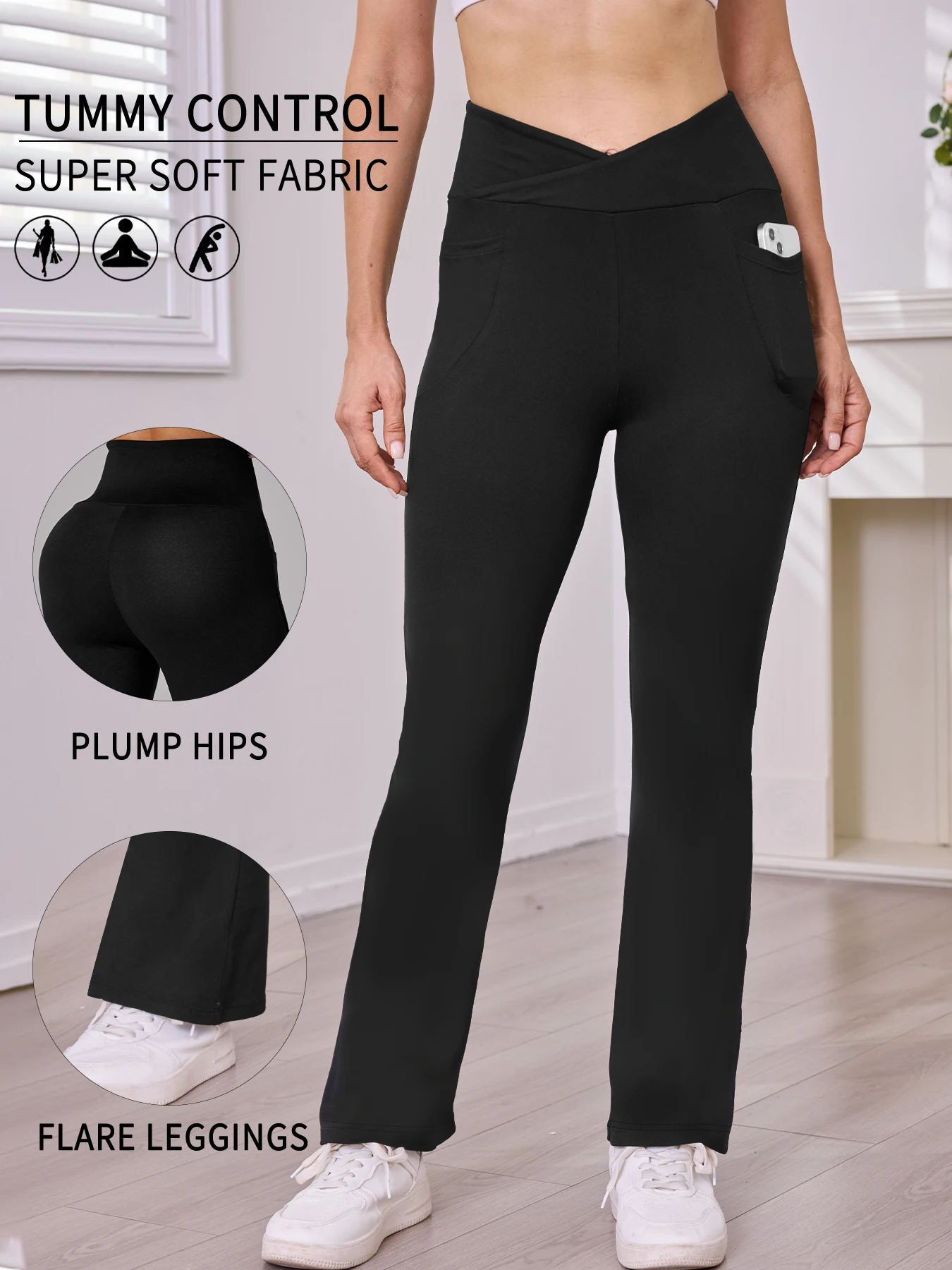 Super Soft Crossover Leggings Women High Waisted Flare with Pockets Tummy Control Yoga Pants 1