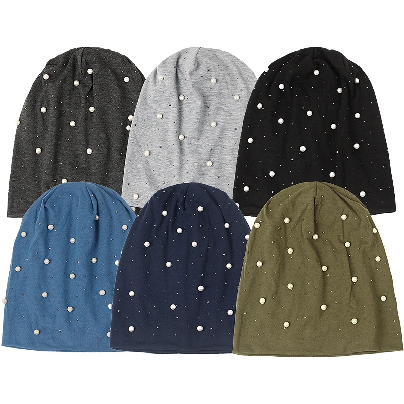 Women Pearl Rhinestones Beanie Headgear Solid Soft Autumn Winter Cap For Female Bonnet Fashion Knitted Autumn Outdoor Beanie 3