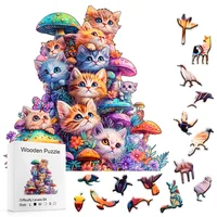 Wooden Puzzle for Adults, Mushroom Aad Cat  Wooden Jigsaw Puzzles for Adult, Unique Animal Shape Wood Cut Puzzles,Christmas Gift 1