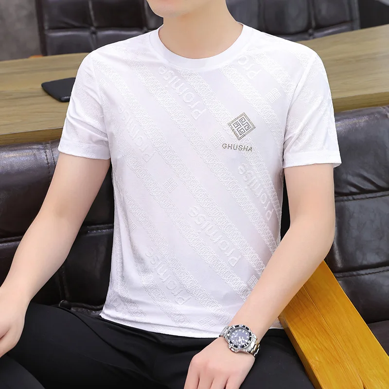 

Summer High-End Ice Silk Short Sleeve Men's T-shirt Trendy All-Matching Slim Fit New Ins Fashion Brand Half Sleeve Top
