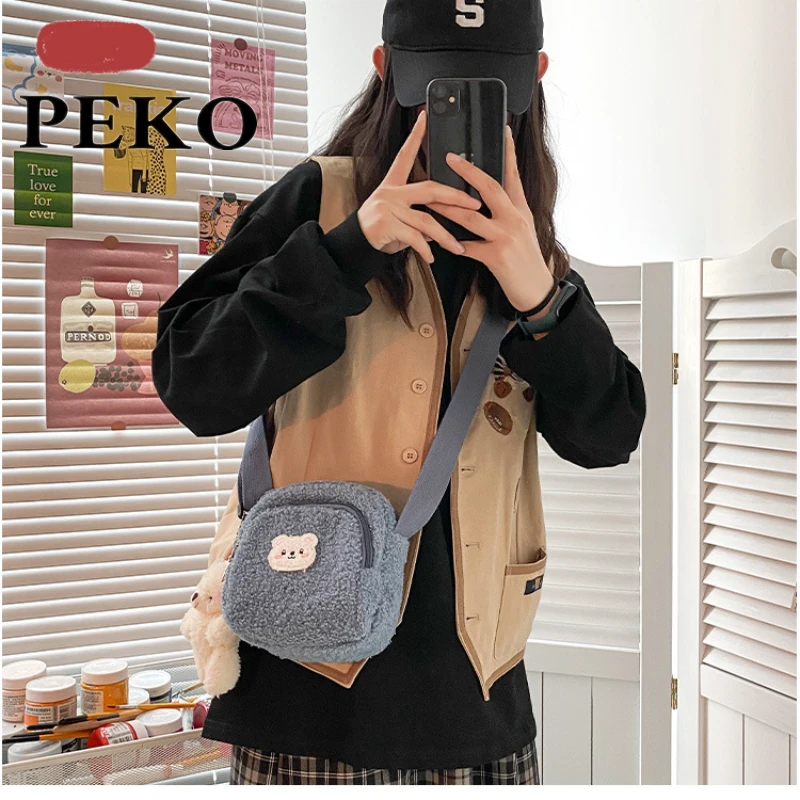 2021 Autumn Winter Cute Bear Messenger Bag Mobile Phone Bag Girls Small Kawaii Bag Women Cartoon Plush Shoulder Bag For Women