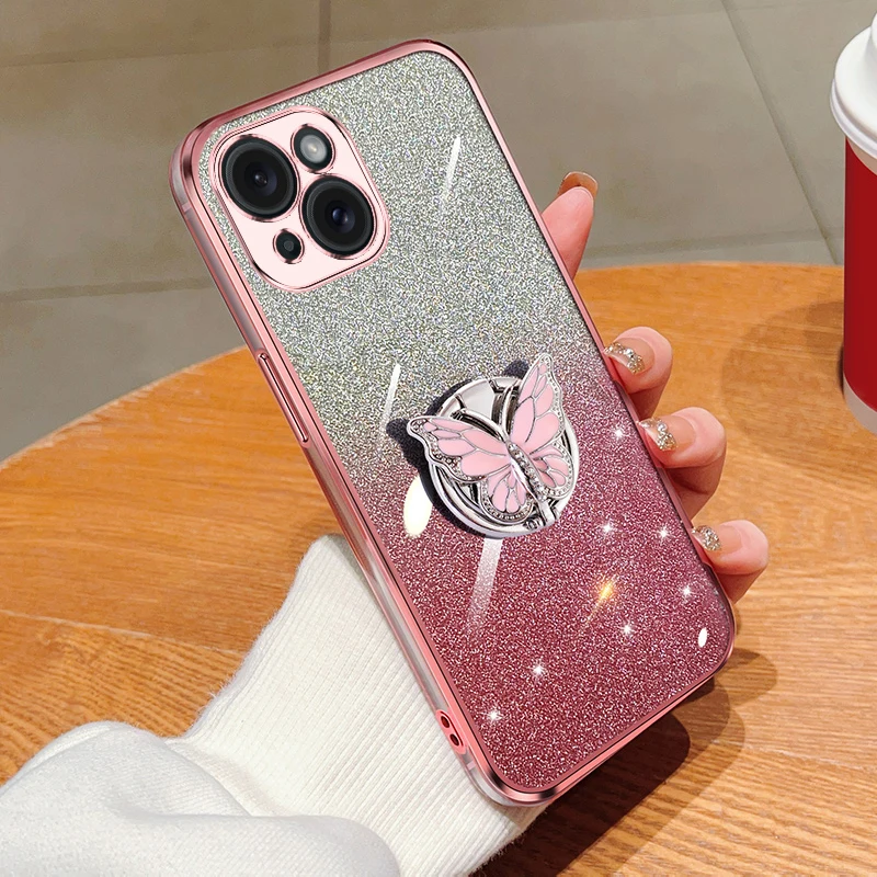 

Case For iPhone 15 14 13 12 11 Pro Max 8 7 Plus X Xr Xs Max Gradient Glitter Butterfly Bling Folding Stand Plating Back Cover