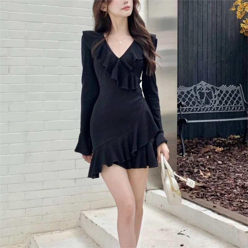 

B36D Womens Flared Long Sleeve Sexy Ruffled V-Neck High Waist Mini Dress Ribbed Knit A-Line Fitted Swing Black Dresses