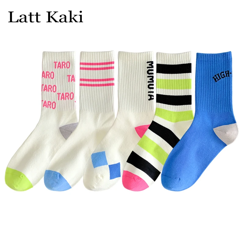 

5 Pairs Per Lot Socks For Women New Novelty Trends Mixed-Color Striped Socks Breathable Spring Korean Style Letter Crew Socks