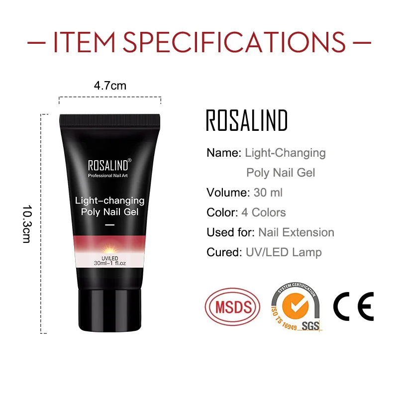 ROSALIND Poly UV Nail Gel 15ml/30ml Pure Color Acrylic Extension Builder Vernis Semi Permanent Crystal Quick Nail Gel Art Design 5