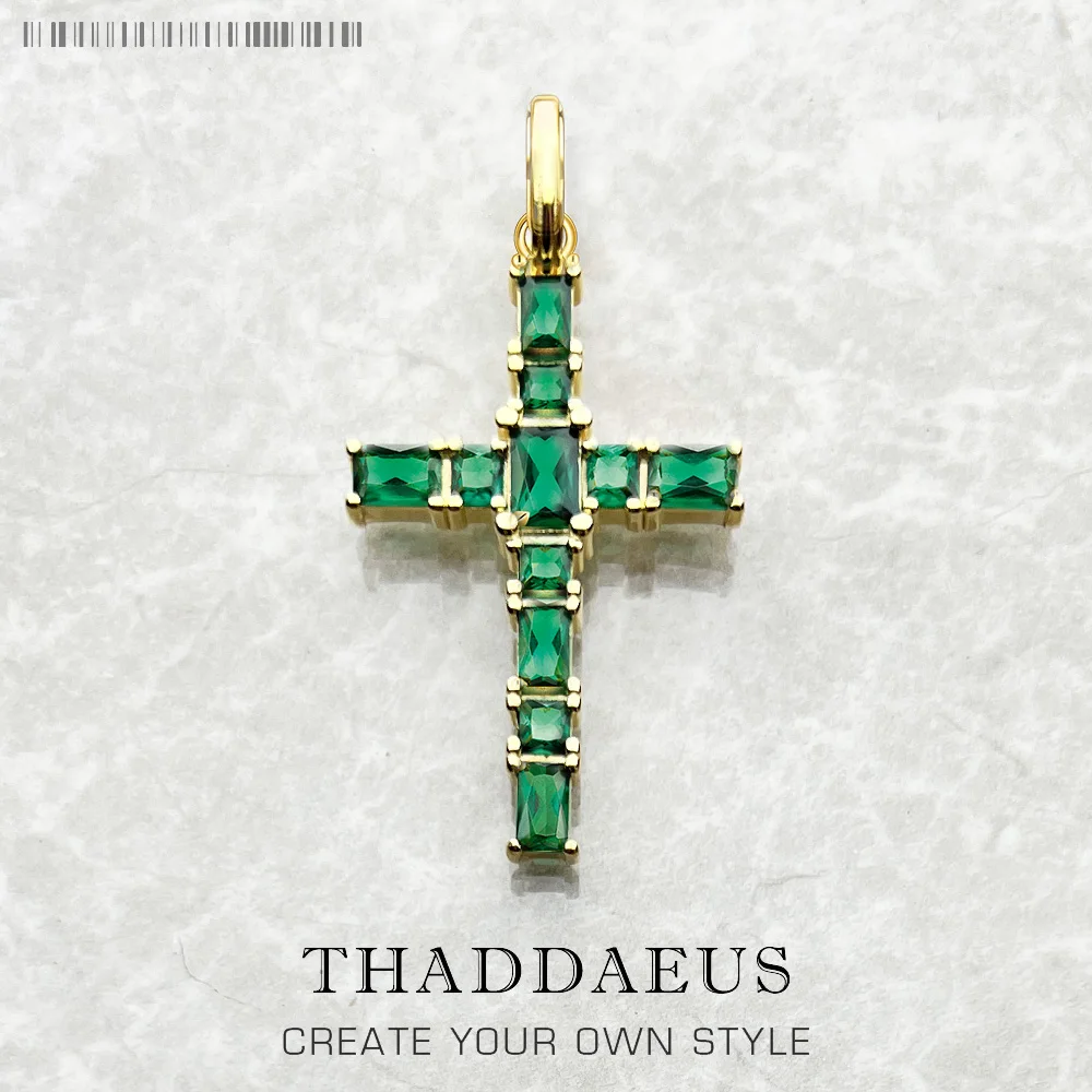 Pendant Necklace Silver Pendant Gold Plated Cross Green Stones