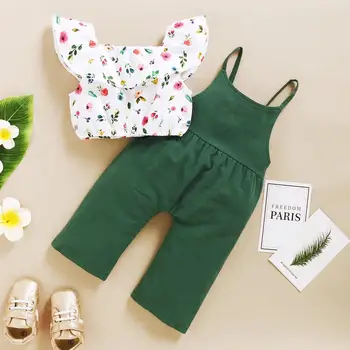 Toddler Girl Set 1-5 Years Kids Baby Girl Clothes Set Floral Print Lotus Leaf Short Top+Suspender Pant Fashion Cute 2PCS Outfit 1