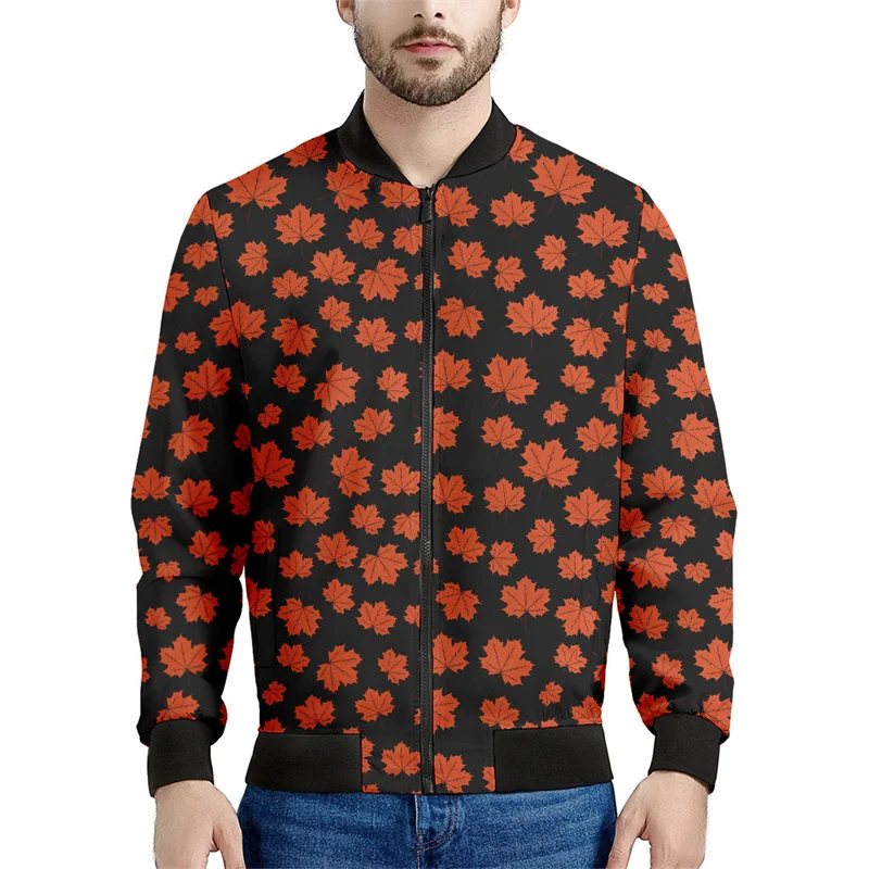 thumbnail image 1 of Chaqueta bomber con estampado de hojas de arce de Canadá para hombre, sudadera de manga larga en 3D, chaqueta bomber con cremallera de gran tamaño y estilo urbano, 1 of 5