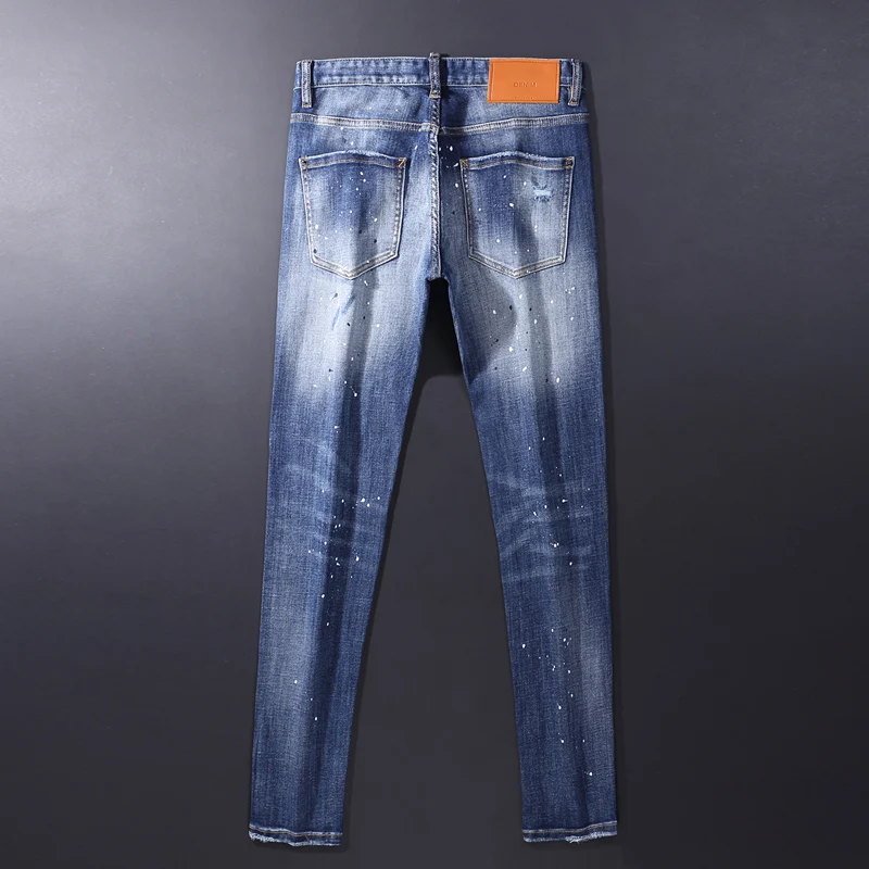 Fashion Streetwear Men Jeans Retro Blue Elastic Slim Fit Patched Ripped Jeans Men Painted Designer Hip Hop Brand Pants Hombre