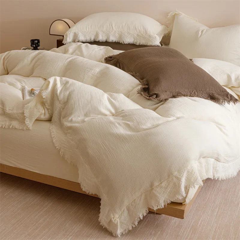 4Pcs Pure Cotton Double Layer Crinkle Yarn Soft Natural Skin-friendly Bedding Set Duvet Cover Bed Sheet/Fitted Sheet Pillowcases