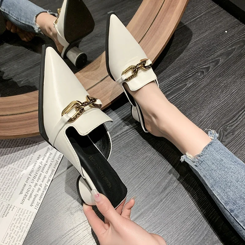 여성용 신발 커버 토 나비 매듭 뮬 슬리퍼, 캐주얼 스퀘어 힐 로퍼 슬라이드, 럭셔리 포인트 여성 신발, 신제품
