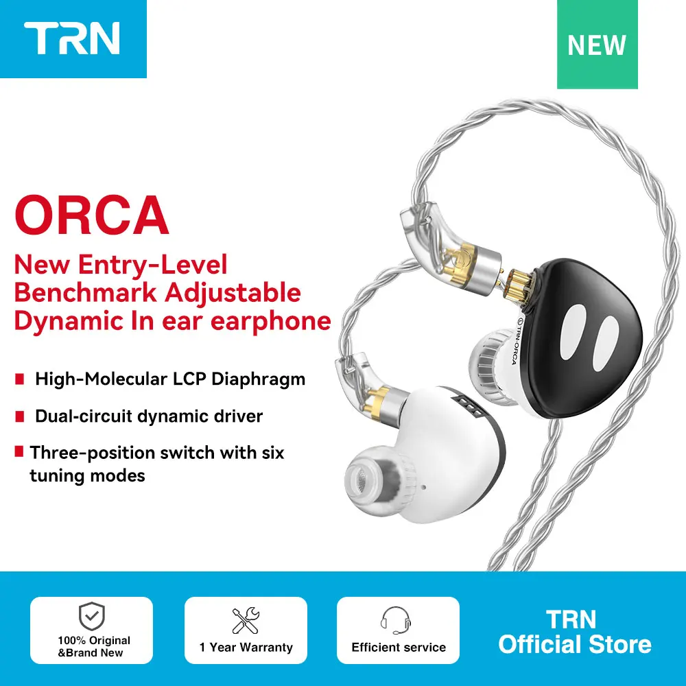 TRN ORCA 다이나믹 인이어 이어폰, 고성능 다이나믹 드라이버 IEM 이어버드, 분리형 케이블 튜닝 스위치 헤드셋