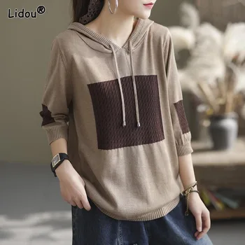 Thin Worsted Causal Hoodies Patchwork Leisure Loose Pullover Hooded Spring Autumn Women's Clothing Comfortable 2022 Trend