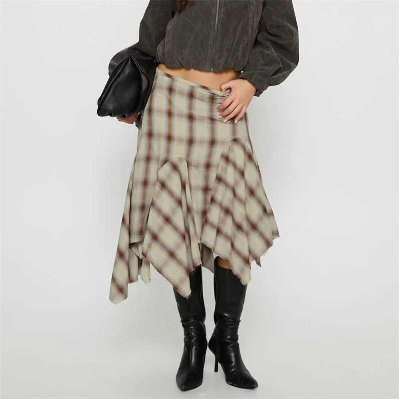 Women Plaid Skirt Y2K Vintage Irregular Loose Summer Midi Skirt for Casual Daily High Street Retro Aesthetic Streetwear 3