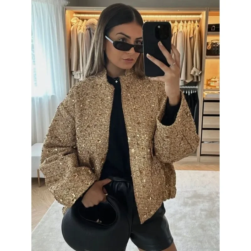 

Metal Color Sequin O Neck Jacket For Women Loose Stand Collar Long Sleeve Coat Gold 2023 Autumn Winter Street Female Outwear