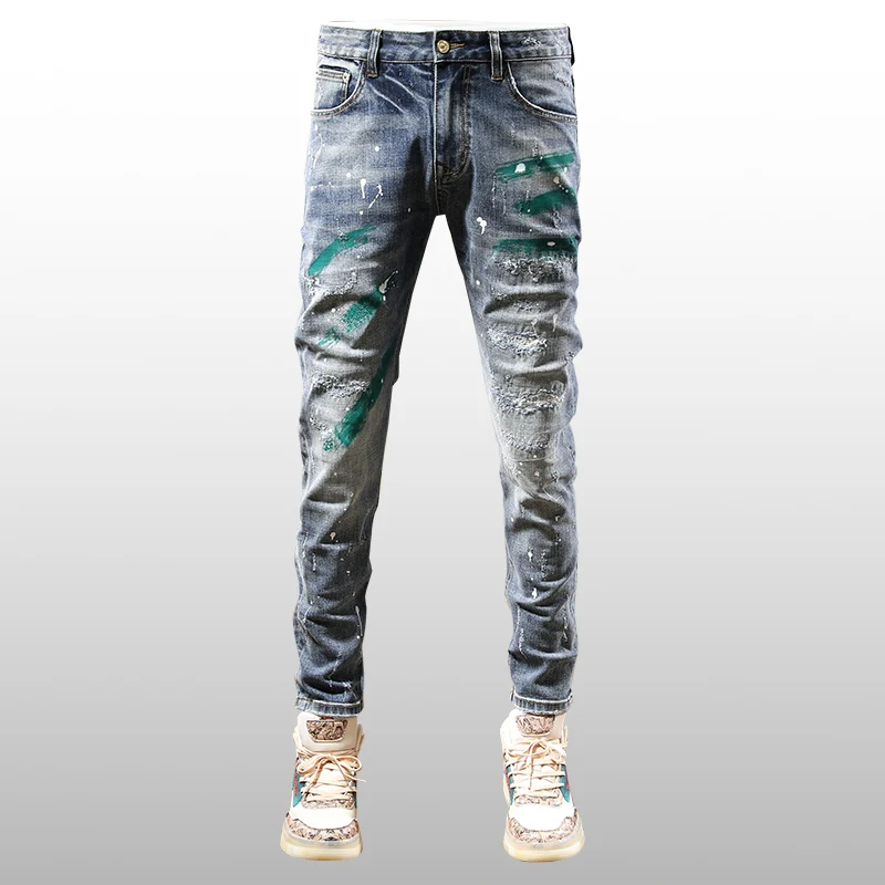 Fashion Streetwear Men Jeans Retro Blue Elastic Stretch Skinny Fit Ripped Jeans Men Green Painted Designer Hip Hop Pants Hombre
