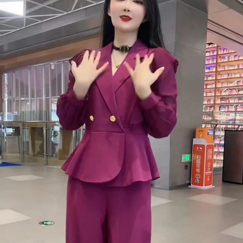 Fashionable Royal Sister Style Style Design Sense Slim Fit Slim Top High Waist Wide Leg Pants 2023 Spring Two Piece Set for Wome