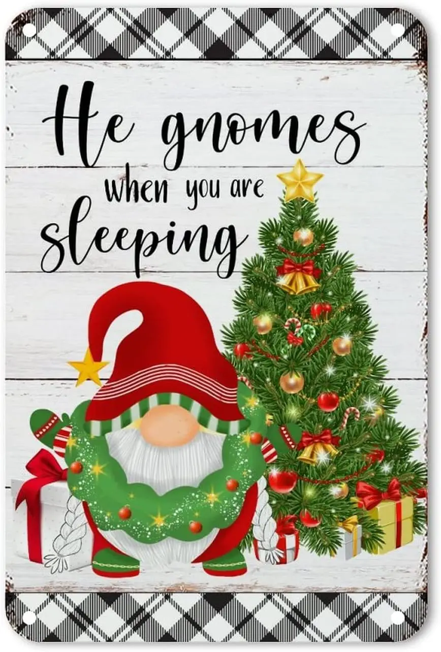 Гномы, когда вы спите, металлическая вывеска, рождественские конфеты, гномы, ретро Рождество, приближается жестяная настенная вывеска